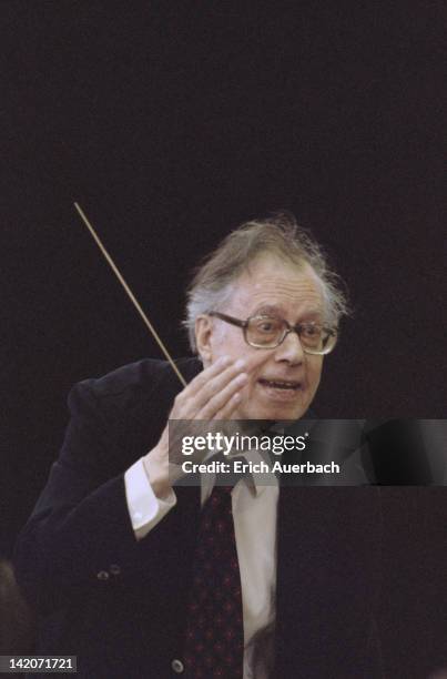 Austrian conductor Karl Bohm rehearsing with the Vienna Philharmonic Orchestra, circa 1975.