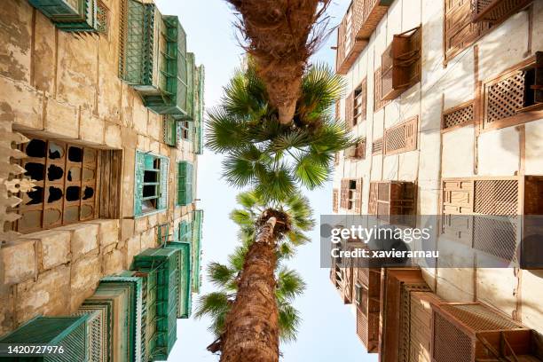 vernacular architecture and palm trees in al-balad, jeddah - saudi arabia stock pictures, royalty-free photos & images