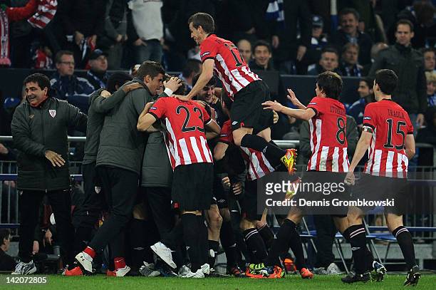 Iker Muniain of Bilbao celebrates with teammates after scoring his team's fourth goal during the UEFA Europa Leauge quarter final first leg match...