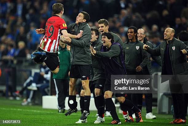 Iker Muniain of Bilbao celebrates with team mates after scoring his teams fourth goal during the UEFA Europa League quarter-final first leg match...