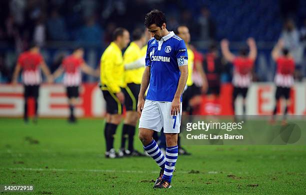 Raul Gonzalez of Schalke looks dejected after loosing the UEFA Europa League quarter-final first leg match between FC Schalke 04 and Athletic Bilbao...