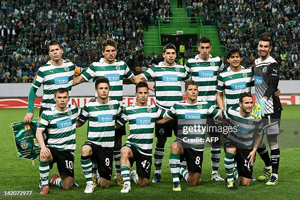 Sporting's team pose for a family photo moments before the UEFA Europa League quarter finals match between Sporting Lisbon and Metalist Kharkiv at...