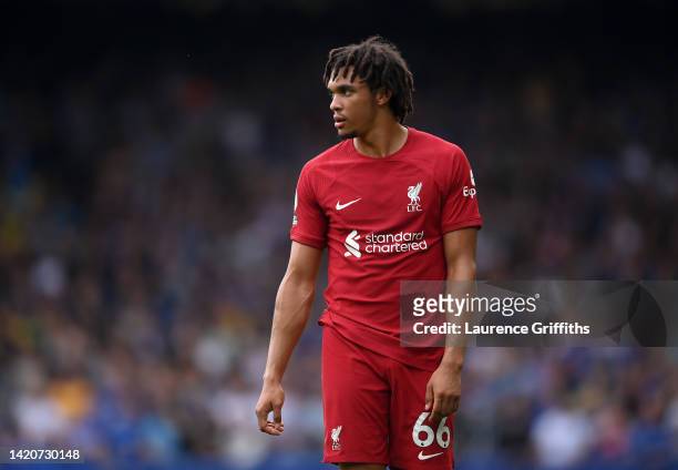 Trent Alexander-Arnold of Liverpool looks on during the Premier League match between Everton FC and Liverpool FC at Goodison Park on September 03,...