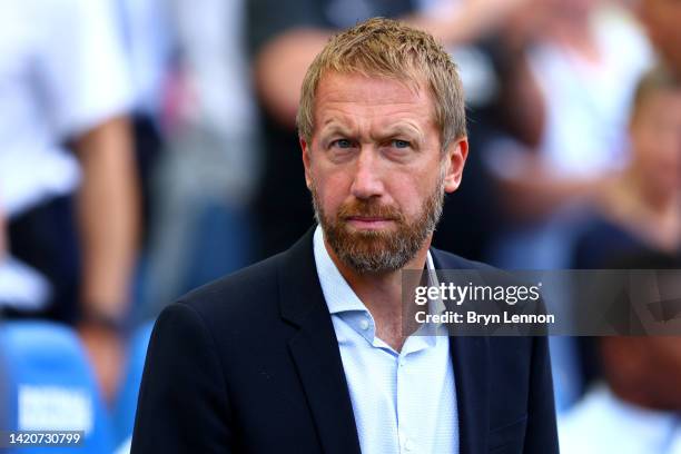 Graham Potter, Manager of Brighton & Hove Albion looks on prior to the Premier League match between Brighton & Hove Albion and Leicester City at...