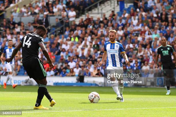 Kelechi Iheanacho of Leicester City scores their sides first goal during the Premier League match between Brighton & Hove Albion and Leicester City...