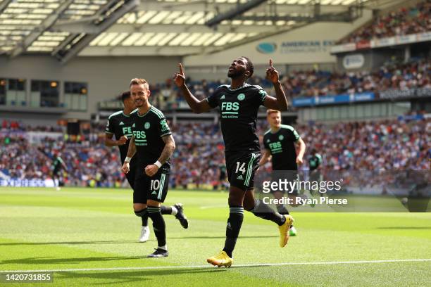 Kelechi Iheanacho of Leicester City celebrates after scoring their sides first goal during the Premier League match between Brighton & Hove Albion...