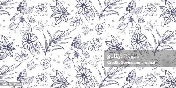 illustrazioni stock, clip art, cartoni animati e icone di tendenza di motivo senza cuciture, fiori ed erbe isolati su sfondo bianco. schizzo disegnato a mano fiori e insetti. - botanical hand drawn