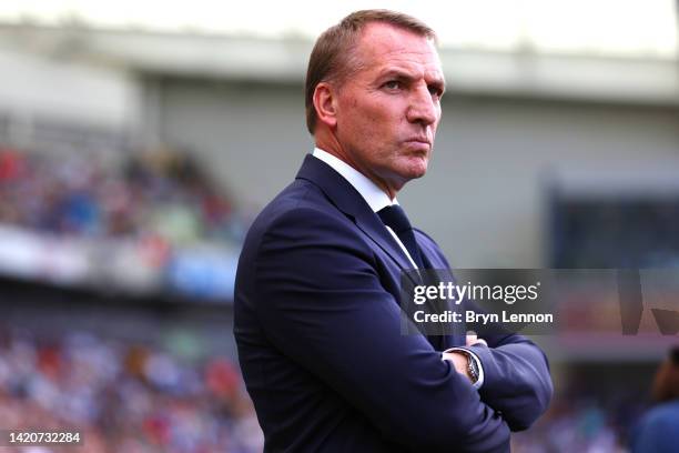 Brendan Rodgers, Manager of Leicester City looks on during the Premier League match between Brighton & Hove Albion and Leicester City at American...