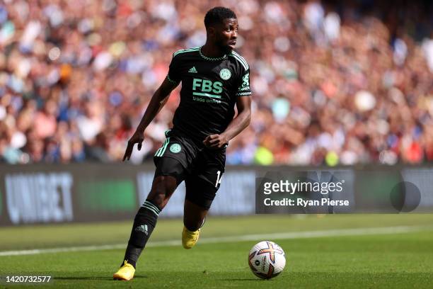 Kelechi Iheanacho of Leicester City runs with the ball during the Premier League match between Brighton & Hove Albion and Leicester City at American...