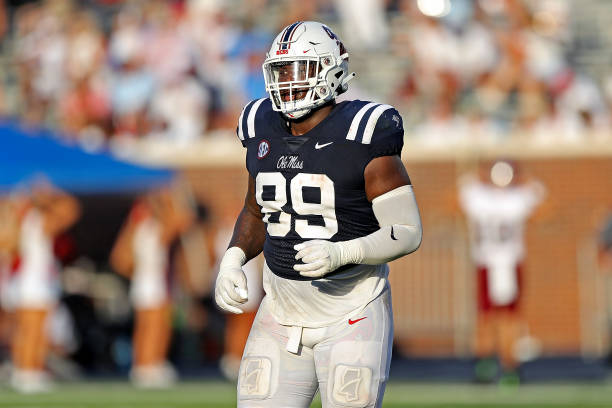 DeSanto Rollins of the Mississippi Rebels during the game against the Troy Trojans at Vaught-Hemingway Stadium on September 03, 2022 in Oxford,...