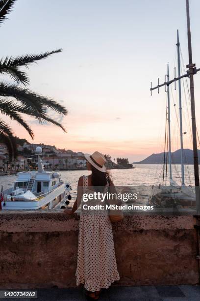 young woman enjoying the view - headwear photos stock pictures, royalty-free photos & images