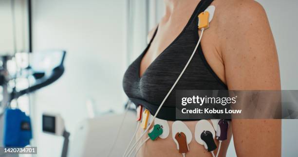 holter, heart and health monitor of a woman patient at a doctor office, hospital of medical clinic. cardiology check, exam and consultation help waiting for consulting healthcare employee for results - womans clinic heart stockfoto's en -beelden