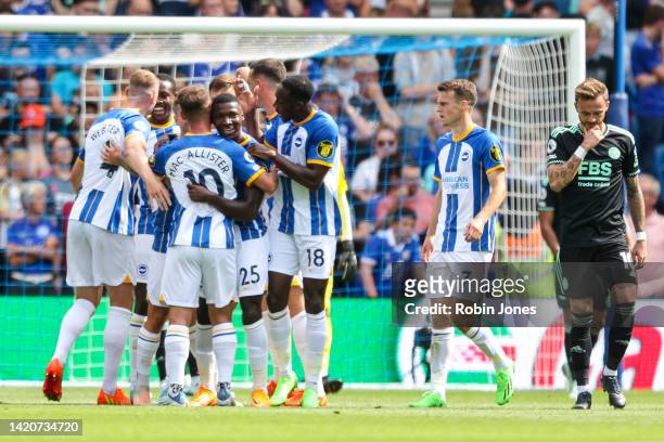 Moises Caicedo of Brighton & Hove Albion celebrates with team-mates after he scores a goal to make it 2-1 during the Premier League match between...