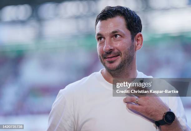 Sandro Schwarz, Manager of Hertha Berlin looks on prior to the Bundesliga match between FC Augsburg and Hertha BSC at WWK-Arena on September 04, 2022...