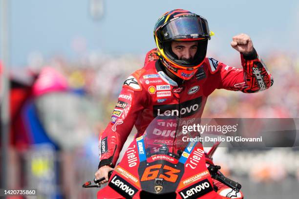 Francesco Bagnaia of Italy and Ducati Lenovo Team celebrate the victory of MotoGP race of the MotoGP Of San Marino at Misano World Circuit on...