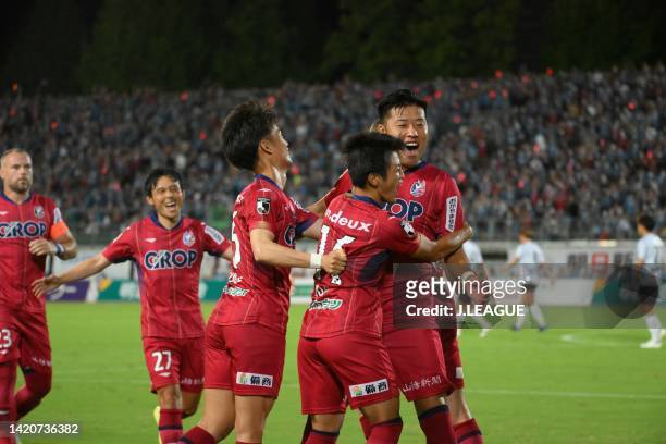 Fagiano Okayama celebrates scoring his side's first goal during the J.LEAGUE Meiji Yasuda J2 34th Sec. Match between Fagiano Okayama and FC Machida...