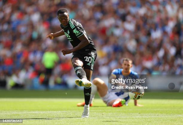 Patson Daka of Leicester City scores their sides second goal during the Premier League match between Brighton & Hove Albion and Leicester City at...