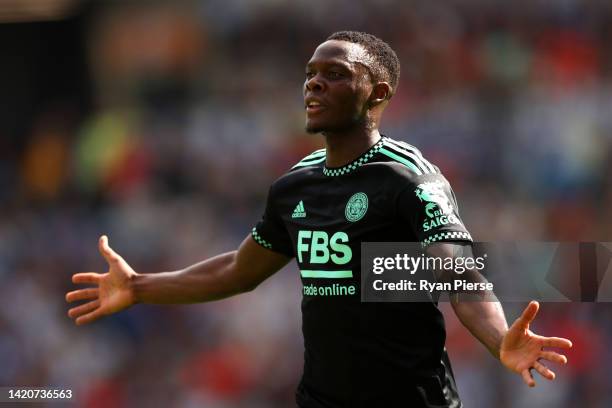 Patson Daka of Leicester City celebrates after scoring their sides second goal during the Premier League match between Brighton & Hove Albion and...