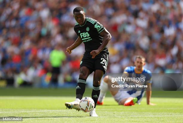 Patson Daka of Leicester City scores their sides second goal during the Premier League match between Brighton & Hove Albion and Leicester City at...