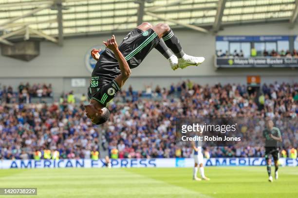 Patson Daka of Leicester City celebrates after he scores a goal to make it 2-2 during the Premier League match between Brighton & Hove Albion and...