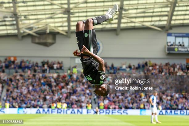 Patson Daka of Leicester City celebrates after he scores a goal to make it 2-2 during the Premier League match between Brighton & Hove Albion and...