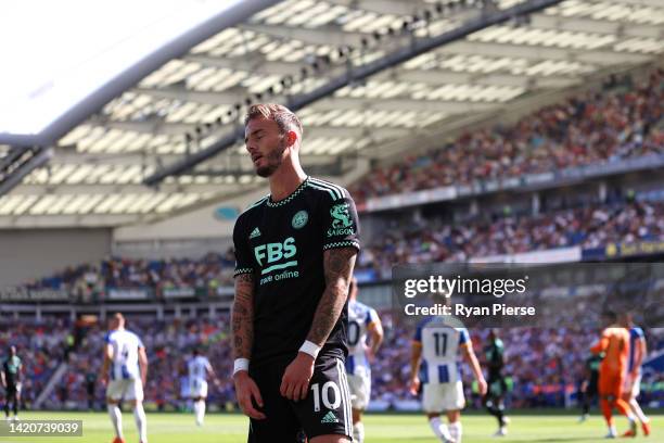 James Maddison of Leicester City reacts after missing a chance during the Premier League match between Brighton & Hove Albion and Leicester City at...