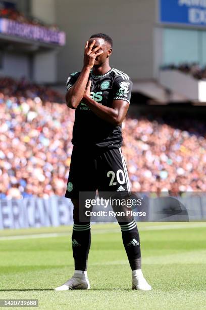 Patson Daka of Leicester City celebrates after scoring their sides second goal during the Premier League match between Brighton & Hove Albion and...