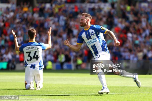 Alexis Mac Allister of Brighton & Hove Albion celebrates a goal that is later disallowed following a VAR decision during the Premier League match...