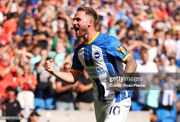 Alexis Mac Allister of Brighton & Hove Albion celebrates a goal that is later disallowed following a VAR decision during the Premier League match...