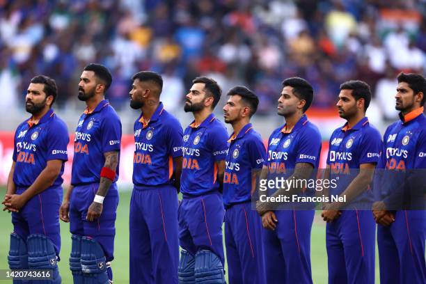 Players of India line up for the anthem during the DP World Asia Cup match between India and Pakistan on September 04, 2022 in Dubai, United Arab...