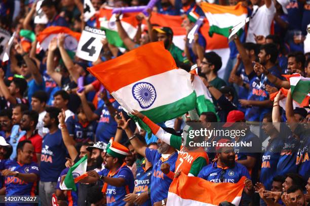 India fans enjoy the atmosphere during the DP World Asia Cup match between India and Pakistan on September 04, 2022 in Dubai, United Arab Emirates.