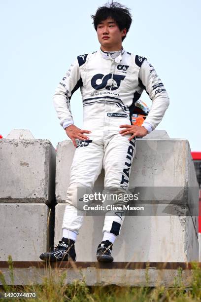 Yuki Tsunoda of Japan and Scuderia AlphaTauri looks on after stopping on track during the F1 Grand Prix of The Netherlands at Circuit Zandvoort on...