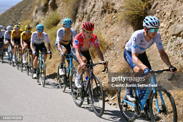 Remco Evenepoel of Belgium and Team Quick-Step - Alpha Vinyl - Red Leader Jersey competes during the 77th Tour of Spain 2022, Stage 15 a 152,6km...