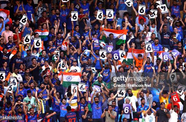 India fans enjoy the atmosphere during the DP World Asia Cup match between India and Pakistan on September 04, 2022 in Dubai, United Arab Emirates.