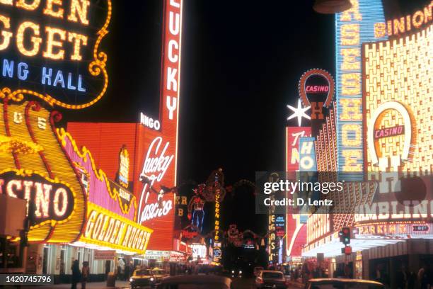 historical 1960's freemont street casino signs - las vegas casino stock pictures, royalty-free photos & images