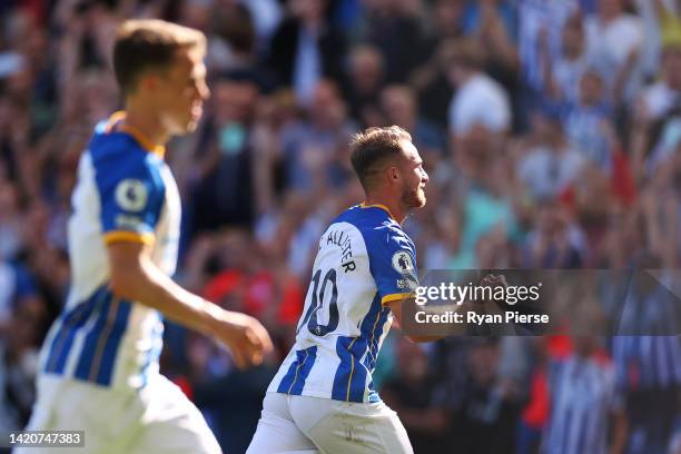 Alexis Mac Allister of Brighton & Hove Albion celebrates after scoring their sides fourth goal during the Premier League match between Brighton &...