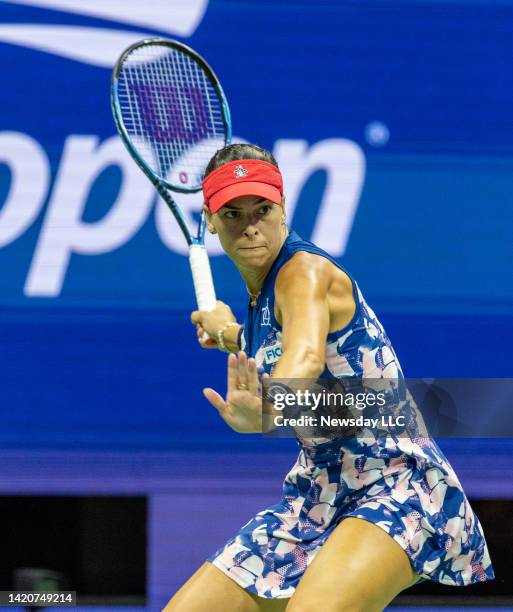 Australian tennis player Ajla Tomljanovic hitting a forehand against Serena Williams during their 3rd round match at the US Open in Arthur Ashe...