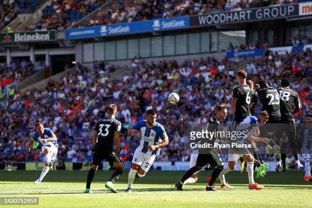 Alexis Mac Allister of Brighton & Hove Albion scores their sides fifth goal during the Premier League match between Brighton & Hove Albion and...