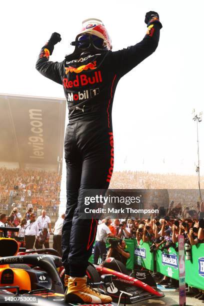 Race winner Max Verstappen of the Netherlands and Oracle Red Bull Racing celebrates in parc ferme during the F1 Grand Prix of The Netherlands at...