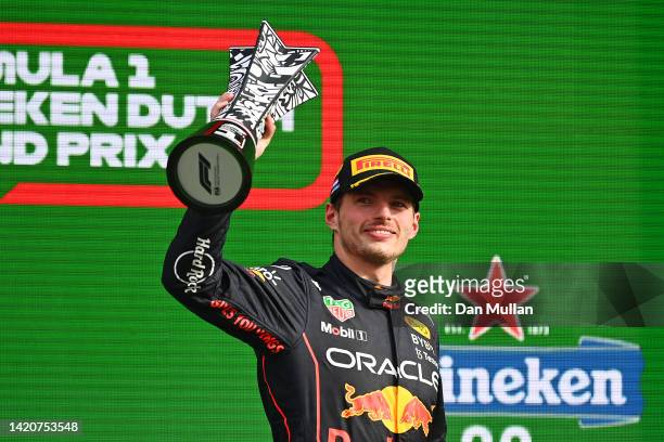 Race winner Max Verstappen of the Netherlands and Oracle Red Bull Racing celebrates on the podium during the F1 Grand Prix of The Netherlands at...
