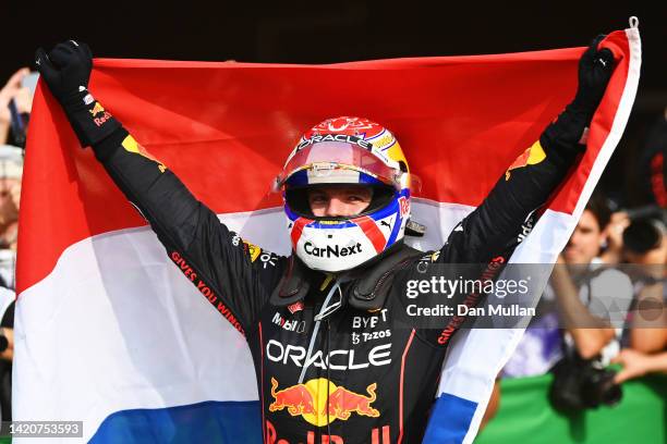 Race winner Max Verstappen of the Netherlands and Oracle Red Bull Racing celebrates in parc ferme during the F1 Grand Prix of The Netherlands at...