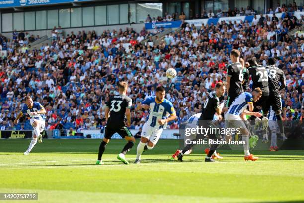 Alexis Mac Allister of Brighton & Hove Albion scores a goal to make it 5-2 direct from a free-kick during the Premier League match between Brighton &...