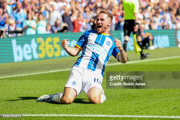Alexis Mac Allister of Brighton & Hove Albion celebrations are short lived as his goal is disallowed after a VAR review for offside during the...