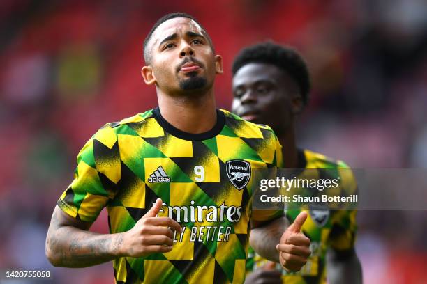 Gabriel Jesus of Arsenal warms up prior to the Premier League match between Manchester United and Arsenal FC at Old Trafford on September 04, 2022 in...