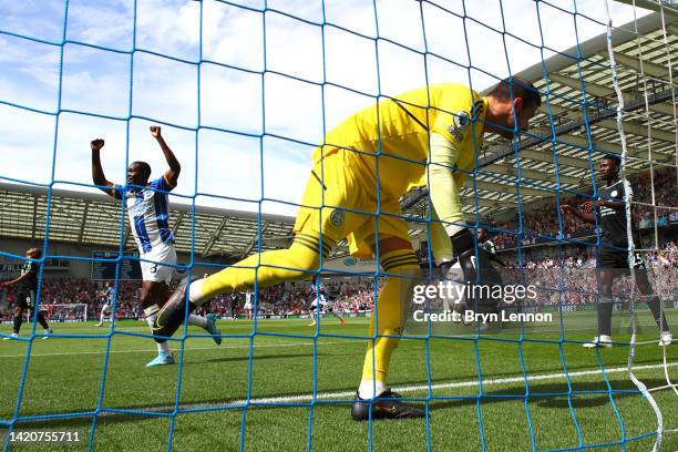 Enock Mwepu of Brighton & Hove Albion celebrates after Luke Thomas of Leicester City scores their sides own goal during the Premier League match...