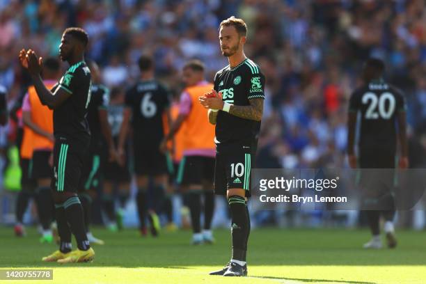 James Maddison of Leicester City applauds fans after the Premier League match between Brighton & Hove Albion and Leicester City at American Express...