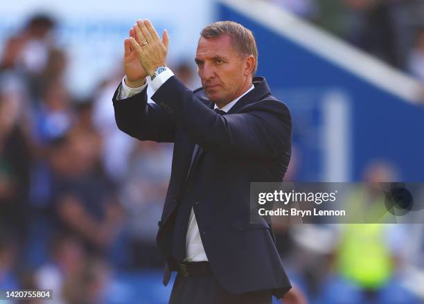 Brendan Rodgers, Manager of Leicester City applauds fans after the Premier League match between Brighton & Hove Albion and Leicester City at American...