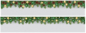 Vector border with green fir branches and with festive decoration elements on transparent background. Christmas tree garland with fir branches, pine cones, berries and lights