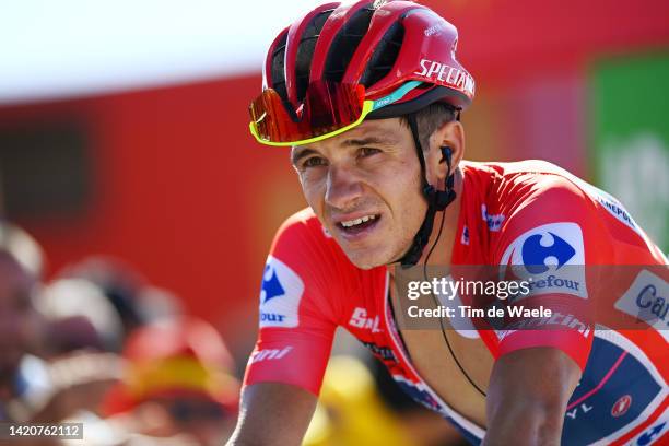 Remco Evenepoel of Belgium and Team Quick-Step - Alpha Vinyl - Red Leader Jersey reacts after crossing the line during the 77th Tour of Spain 2022,...