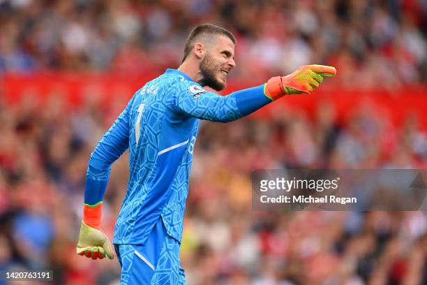 David De Gea of Manchester United reacts during the Premier League match between Manchester United and Arsenal FC at Old Trafford on September 04,...